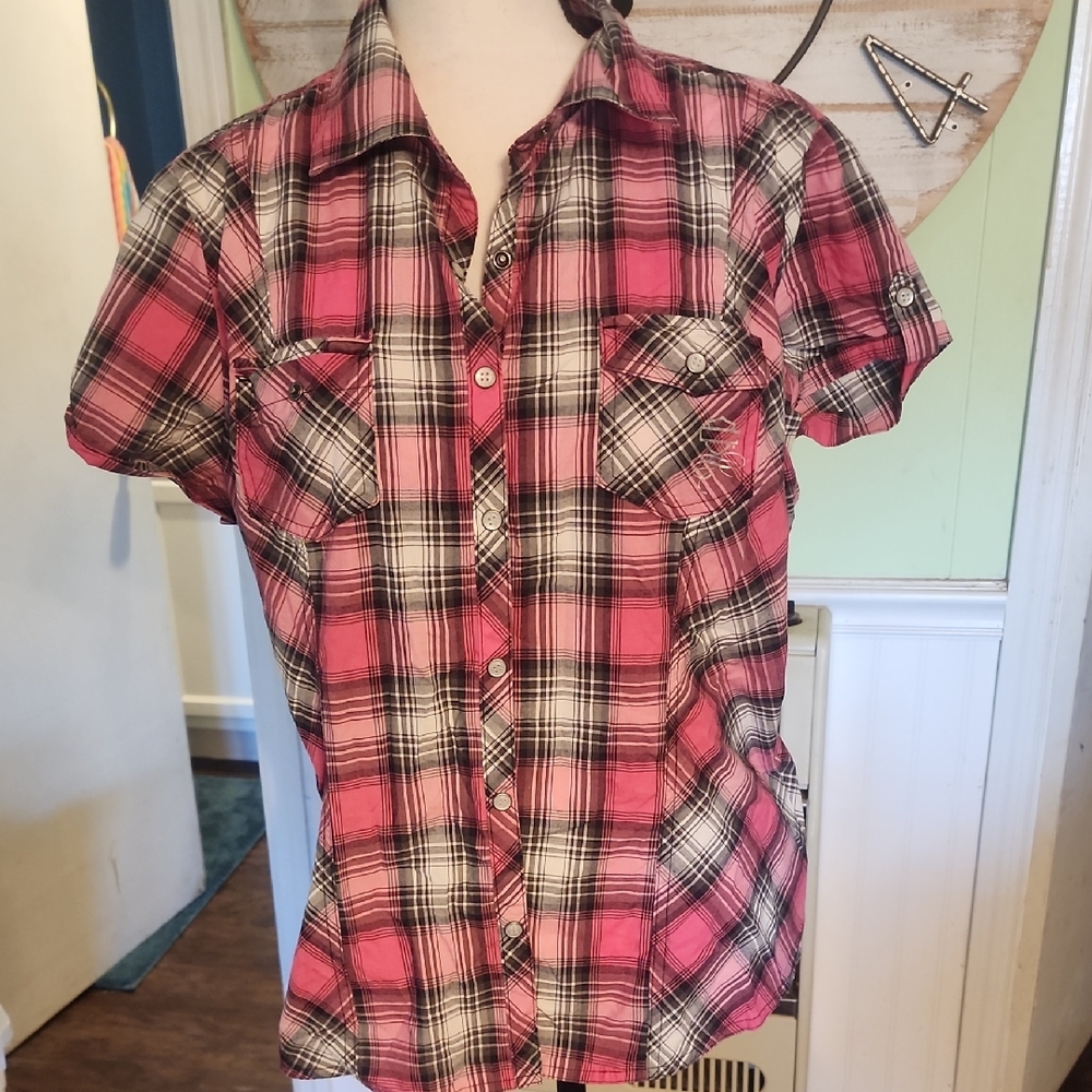 Plaid Short Sleeve Shirt - Pink and Black